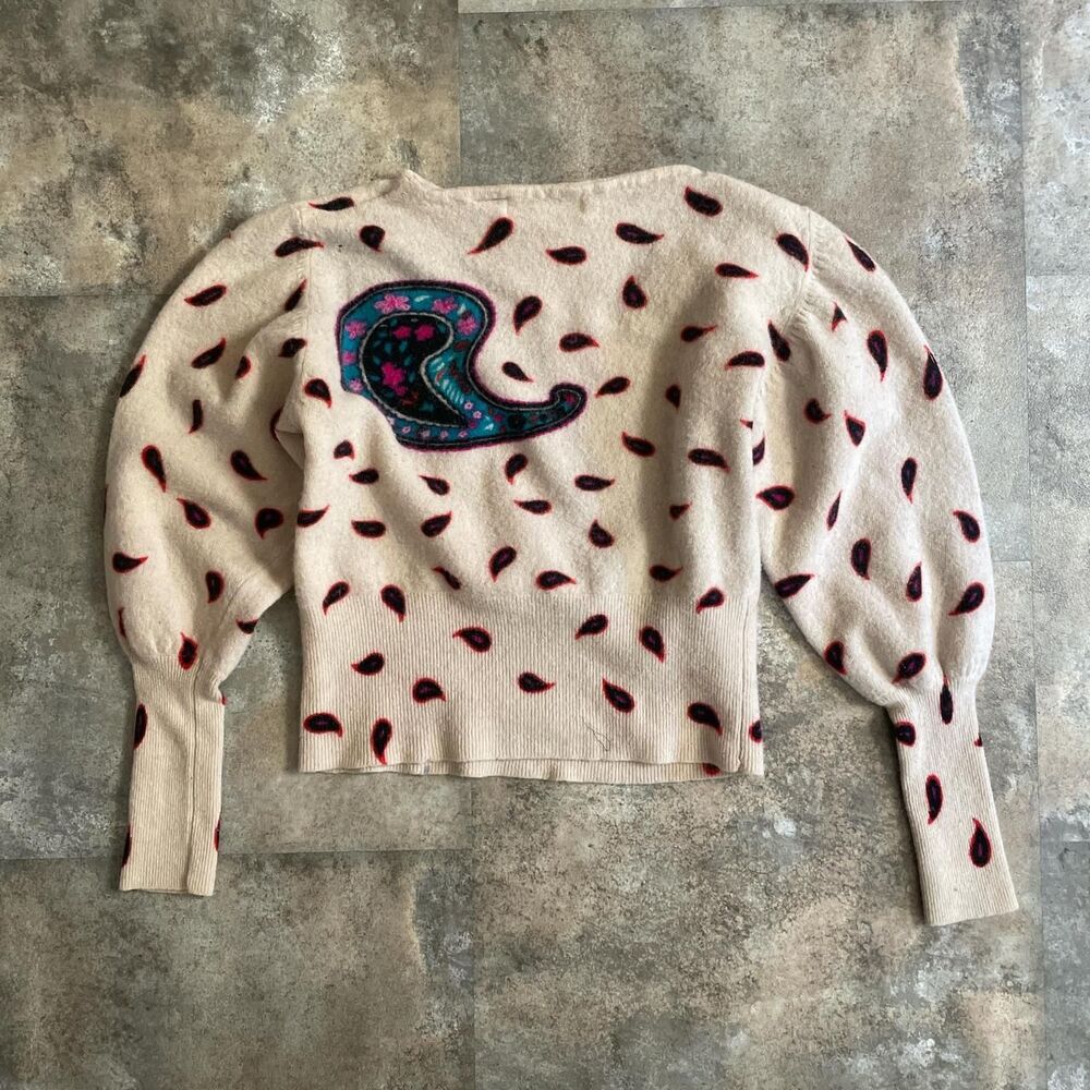 bonnie boerer vintage blue paisley 100% wool cream colored sweater size xs - Picture 6 of 8